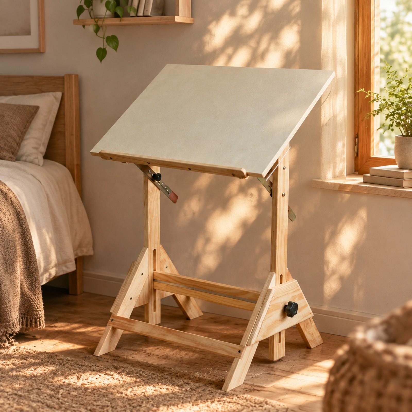 Tops - Höhenverstellbarer Kunstschreibtisch aus Massivholz mit geneigter