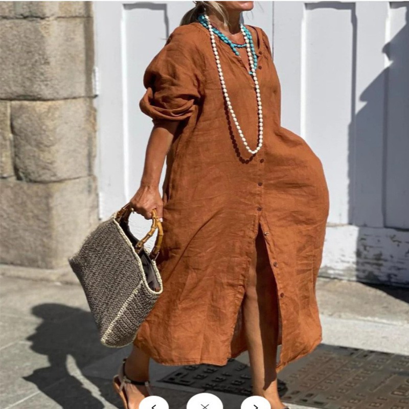 Casual Loose Linen Shirt Dress - Modisches, elegantes Frühlingskleid aus Baumwolle und