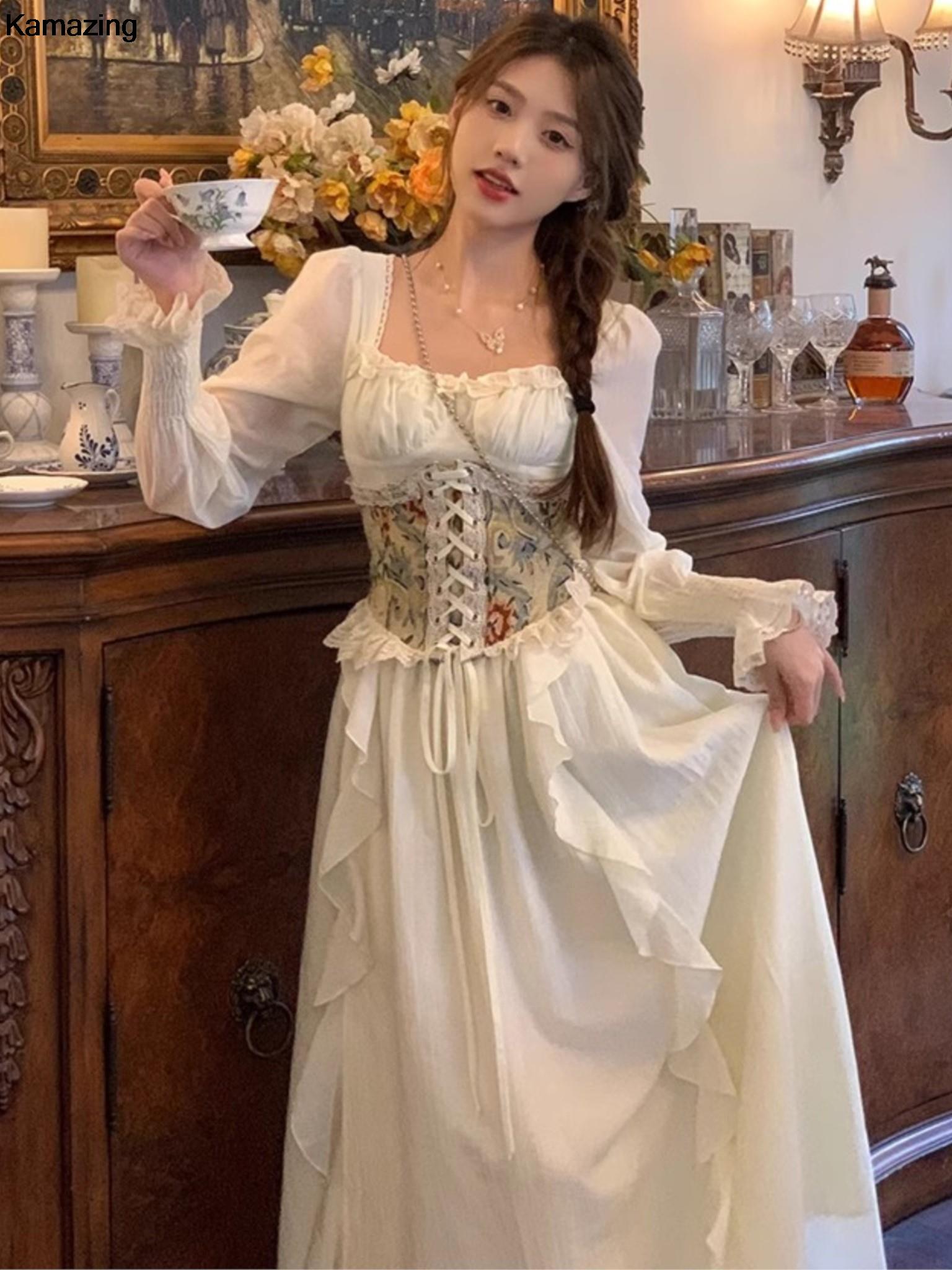 French Vintage Floral Midi Dress - Vintage Französisch Korsett Midi Kleid Frauen