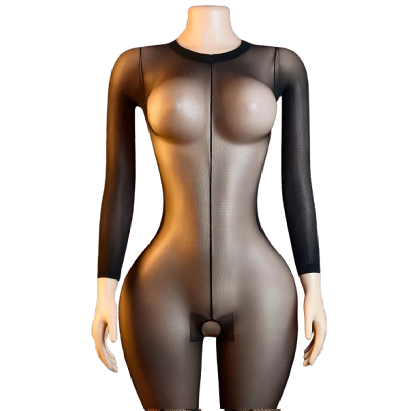 Lingerie - 1 Stück Transparenter Schwarzer Netz-Bodysuit mit