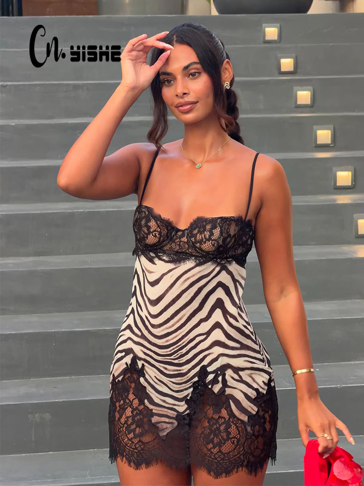 Sexy Mesh Sheer Bodycon Dress - CNYISHE Camisoles mit Zebramuster, Spitzen-Patchwork, Damenkleider,