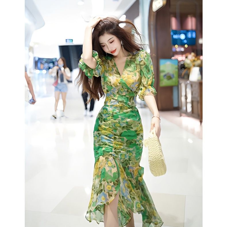 French Vintage Floral Midi Dress - Neues Sommermode-Stil, tailliertes Kleid 2025, dunkelgrüner