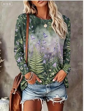 Blouses - Damen-Langarm-T-Shirt mit Farbverlauf-Hintergrund, Aquarell-Blumen- und Vogelmotiv,