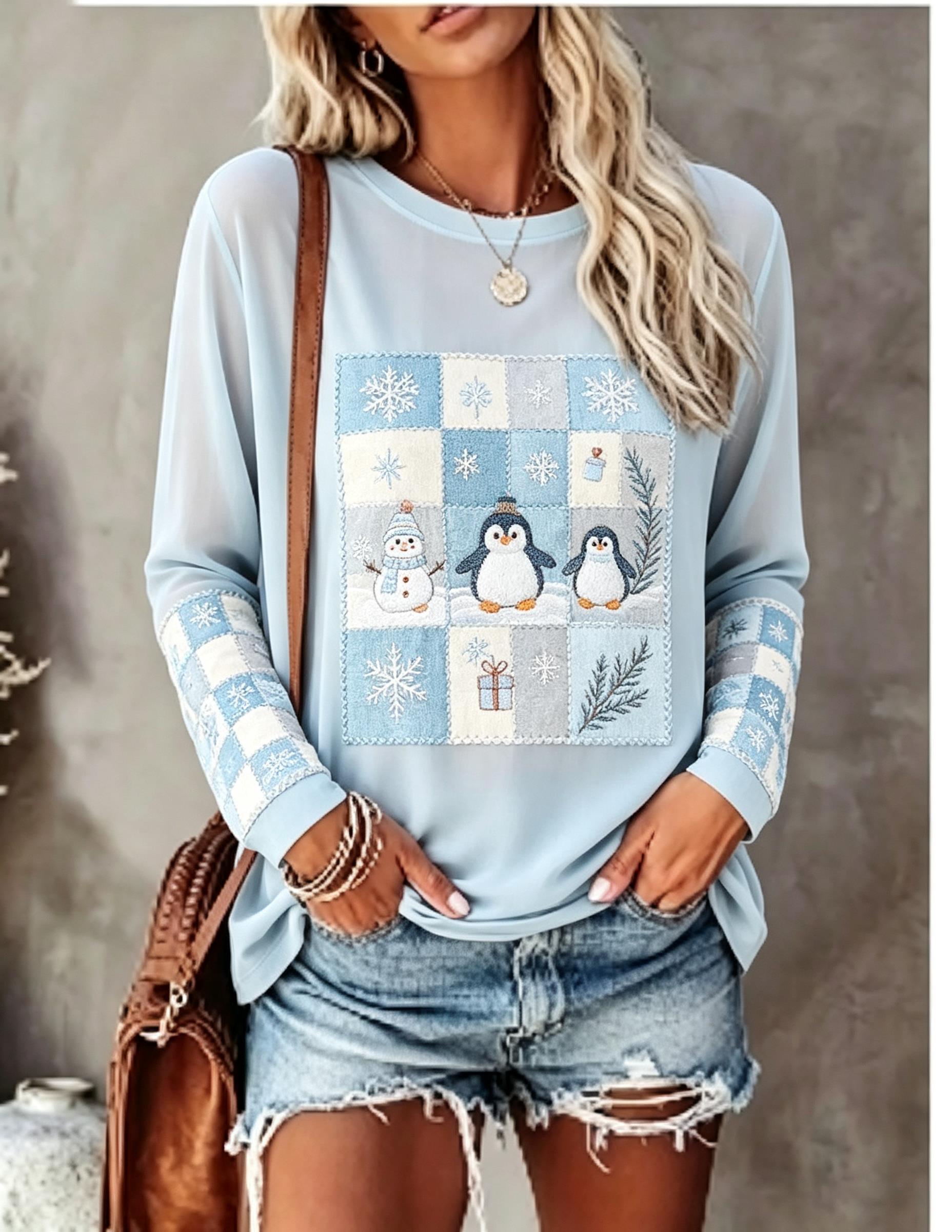 Blouses - Damen-Langarm-T-Shirt mit Fuchs-Kaninchen-Patchwork, Rautenmuster, Tannenzapfen-, Beeren-