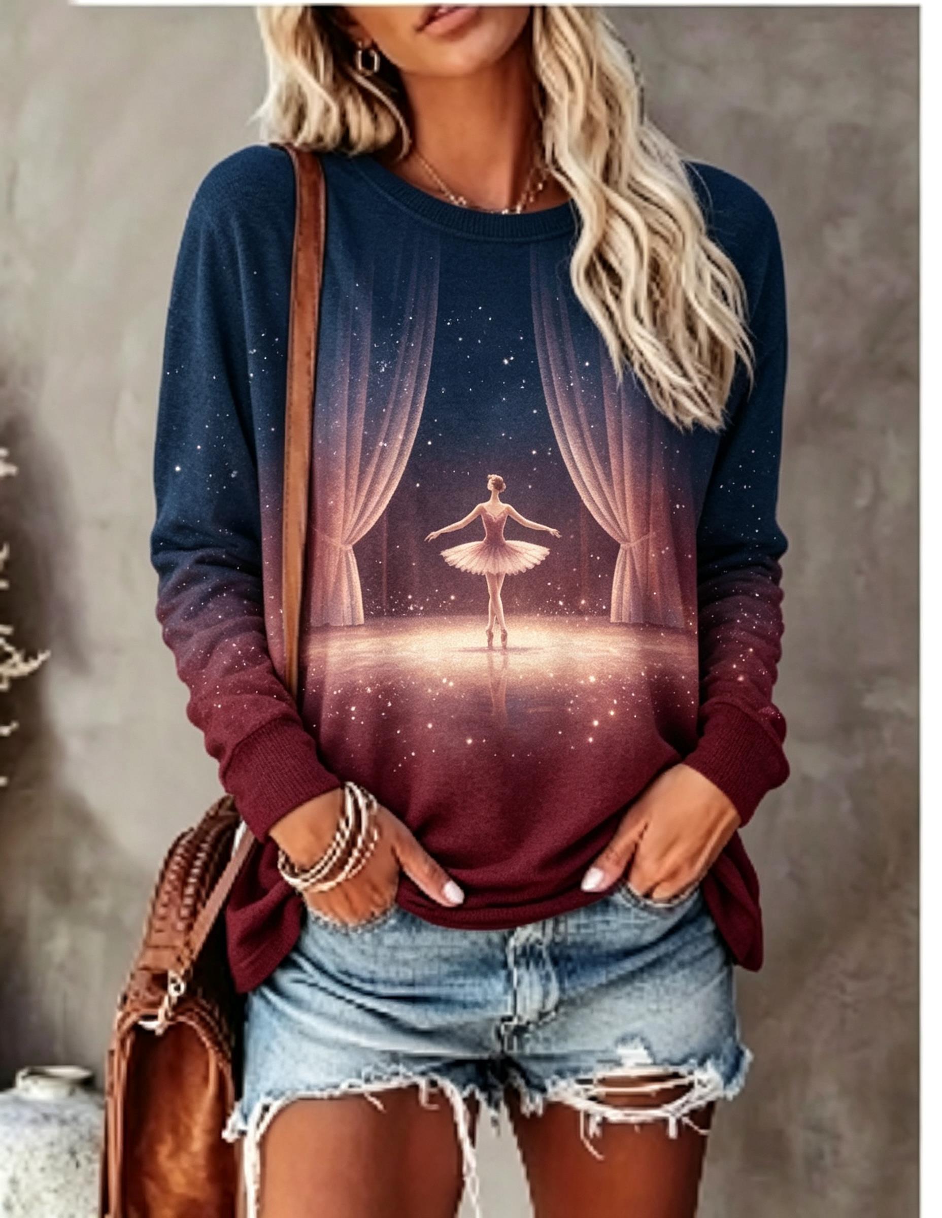 Blouses - Damen Langarm-T-Shirt mit Ballett-Tänzerin, Bühnenvorhang, Sternen-Glow-Gradient-Druck