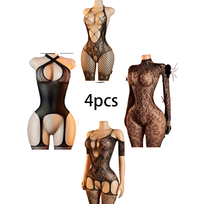 Lingerie - 4-teiliges sexy Dessous-Set: Damen-Netz-Bodystocking/Fischernetz-Bodysuit
