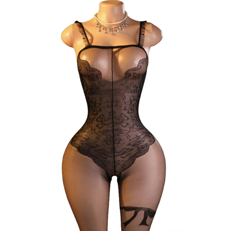 Lingerie - 1 x Verführerischer schwarzer Spitzen-Bodysuit –