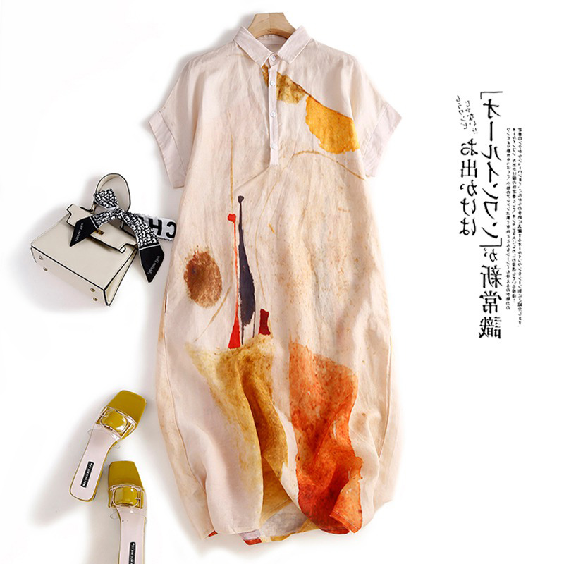Casual Loose Linen Shirt Dress - Lässiges Baumwoll-Leinen-Hemdkleid für Damen, bedruckter langer
