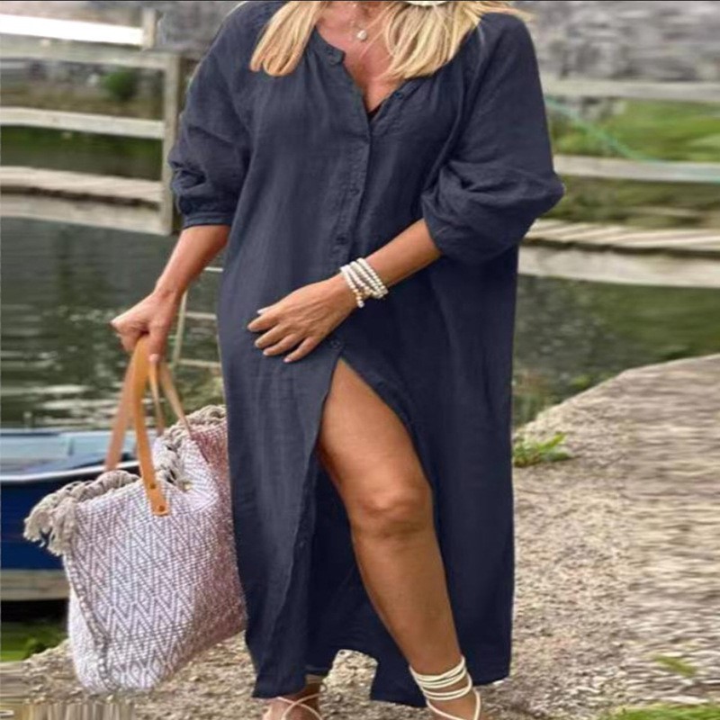 Modisches, elegantes Frühlings – Casual Loose Linen Shirt Dress Bewertung und Preis