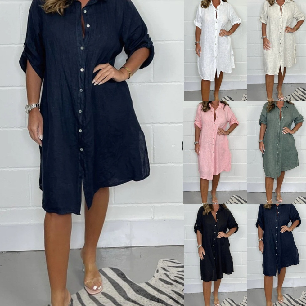 Frühling Sommer Leinen 3/4-Ärm – Casual Loose Linen Shirt Dress Bewertung und Preis