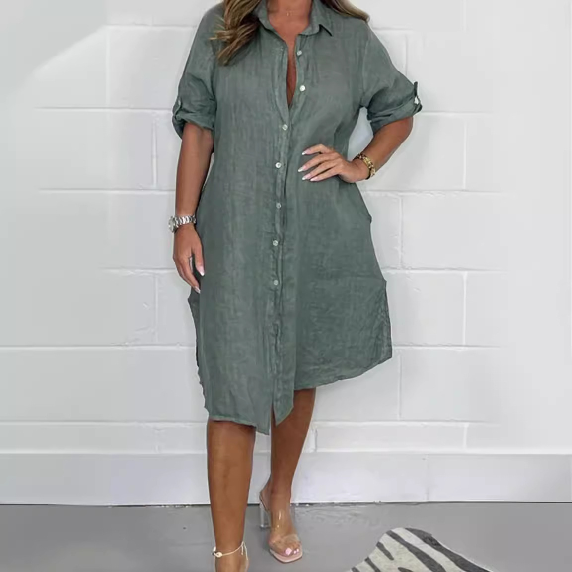 Frühling Sommer Leinen 3/4-Ärm – Casual Loose Linen Shirt Dress Bewertung und Preis