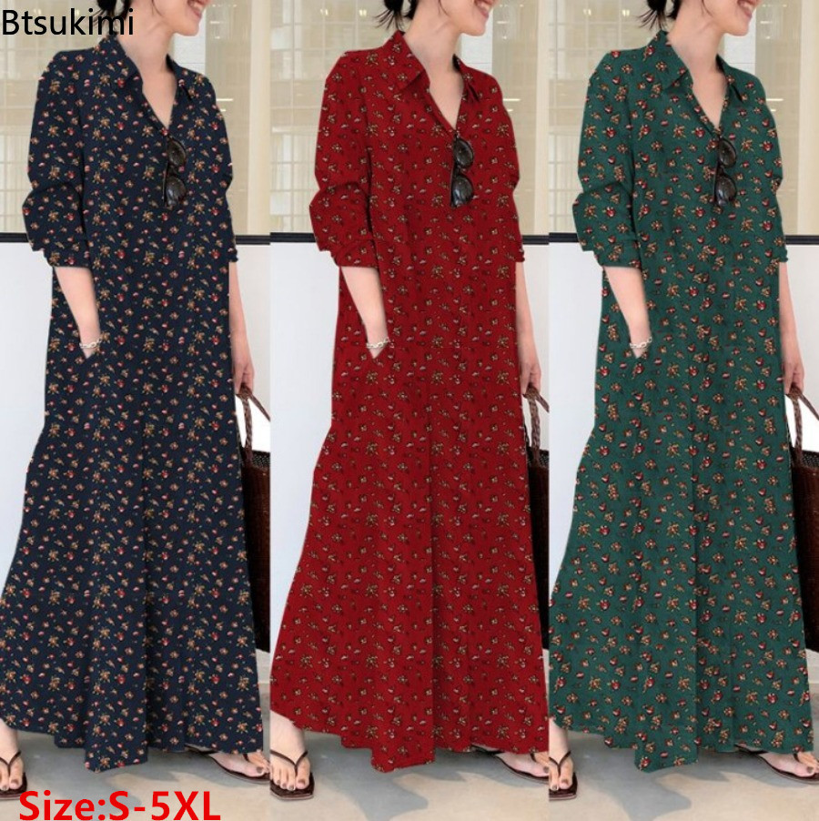 Neues Damen-Print-Hemdblusenkl – Casual Loose Linen Shirt Dress Bewertung und Preis