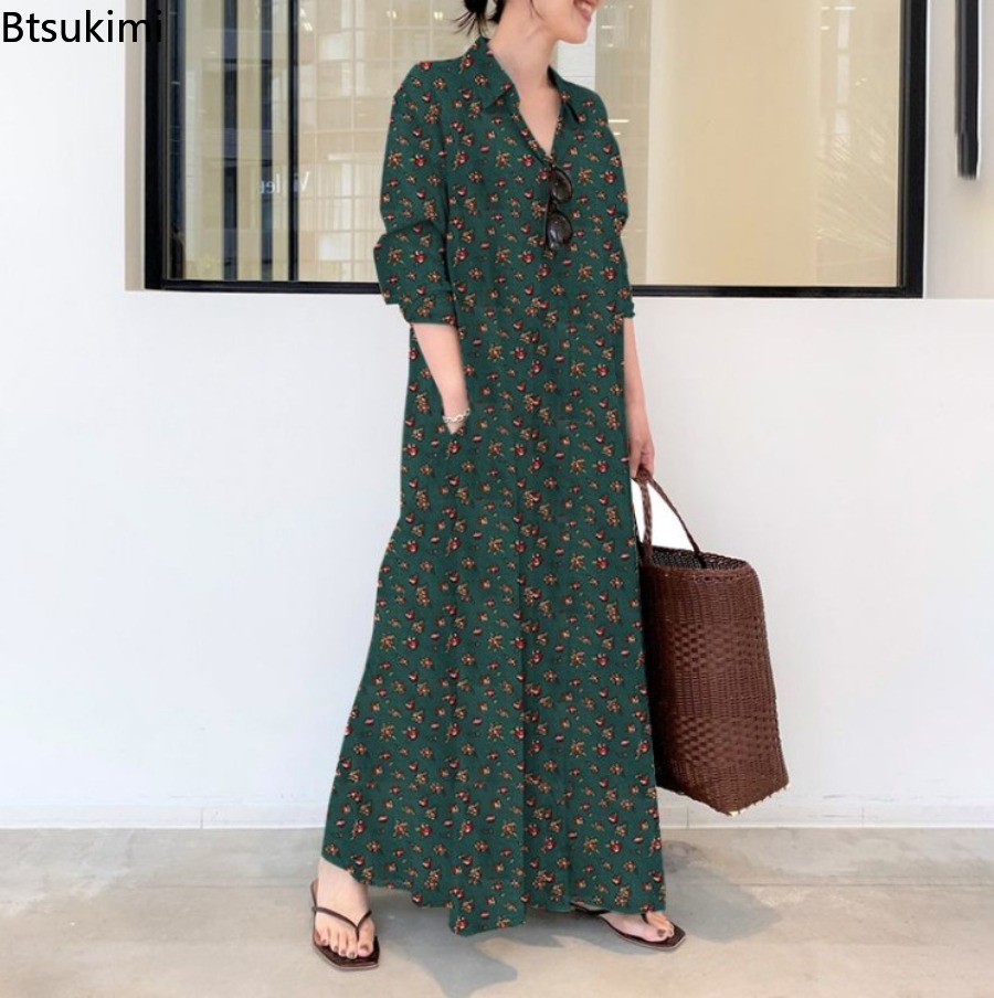 Neues Damen-Print-Hemdblusenkl – Casual Loose Linen Shirt Dress Bewertung und Preis
