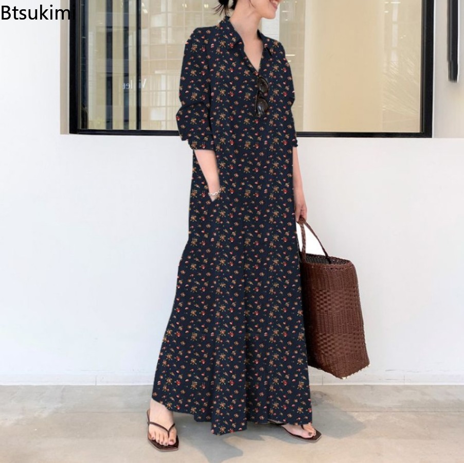 Neues Damen-Print-Hemdblusenkl – Casual Loose Linen Shirt Dress Bewertung und Preis