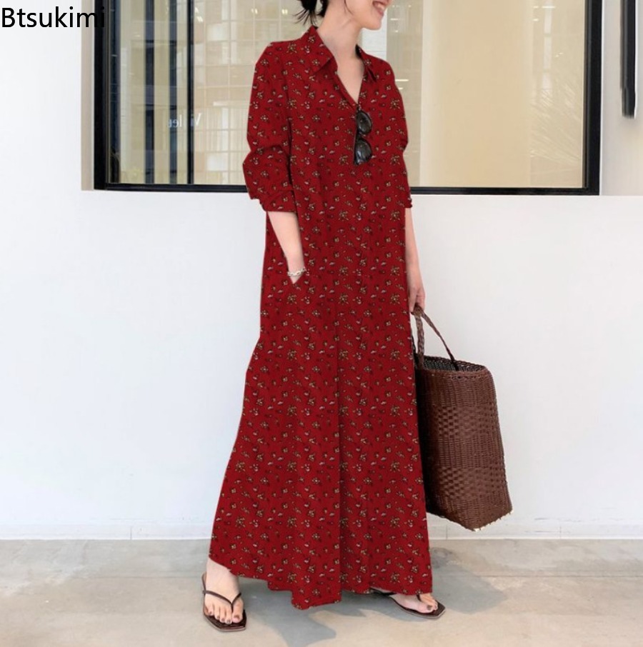 Neues Damen-Print-Hemdblusenkl – Casual Loose Linen Shirt Dress Bewertung und Preis