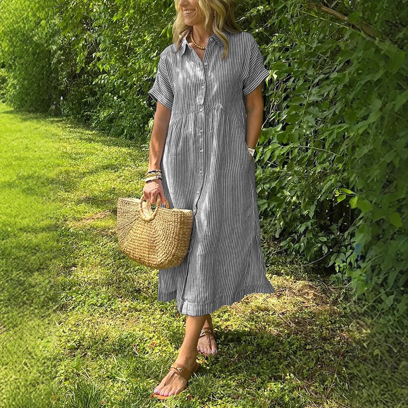 Damen Gestreiftes Hemdkleid So – Casual Loose Linen Shirt Dress Bewertung und Preis